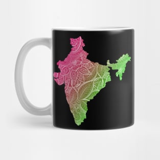 Colorful mandala art map of India with text in blue and green Colorful mandala art map of India with text in pink and green Mug